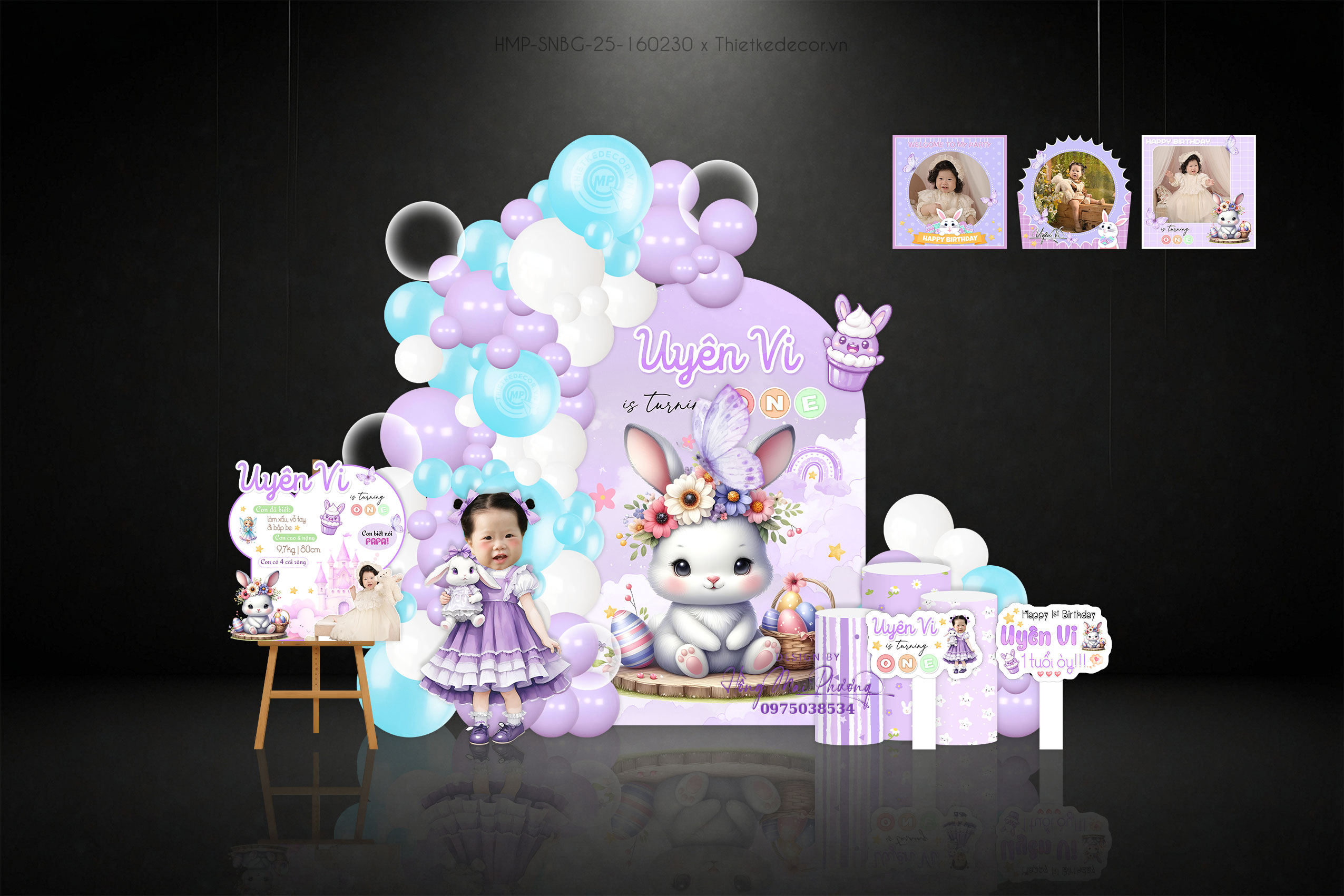 Sinh nhật bé gái, con thỏ tím xinh xắn. Backdrop kèm bảng thông tin, khung ảnh,...